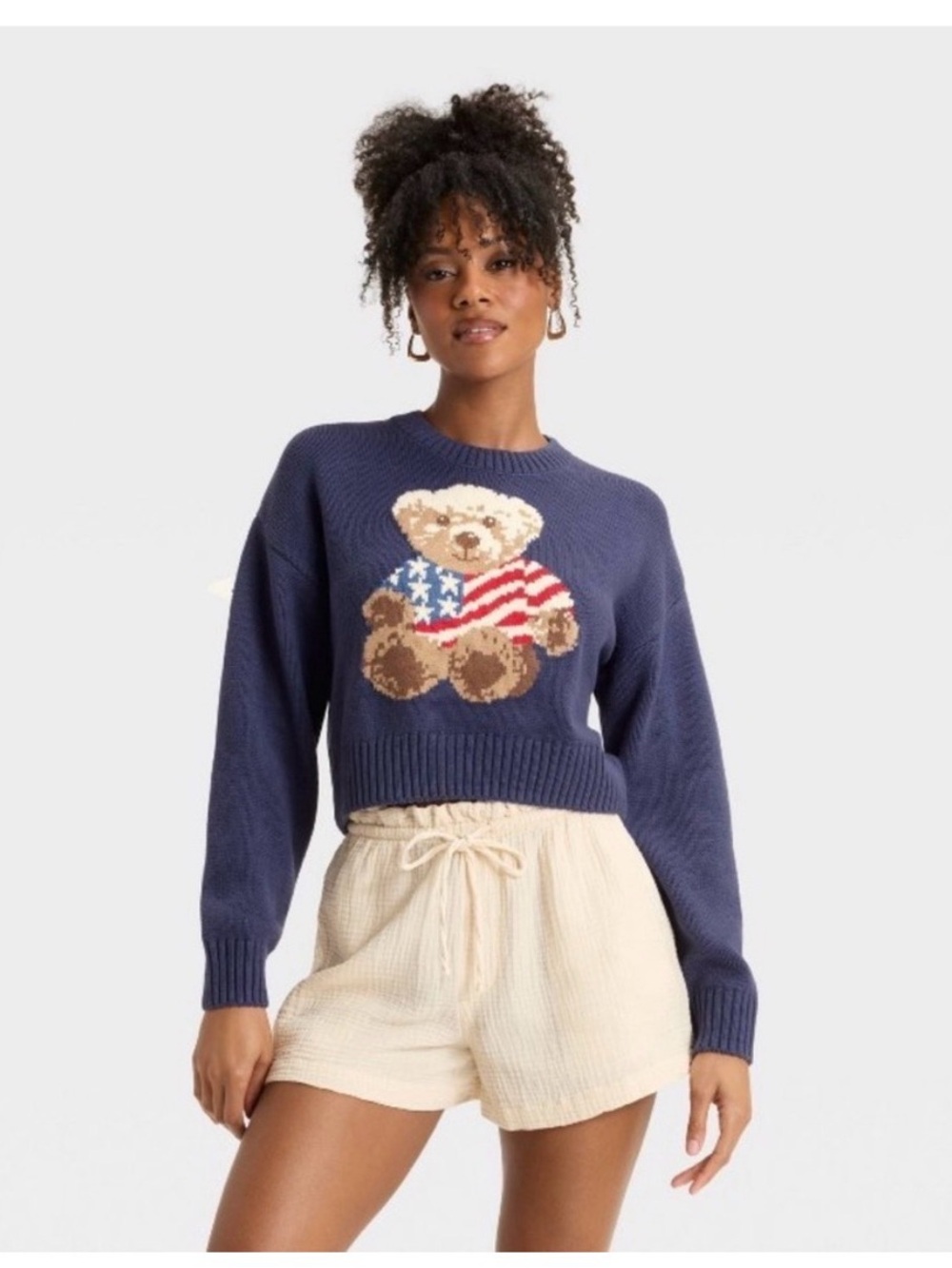 Grayson Threads - Cropped American Flag Bear Sweater in Navy
